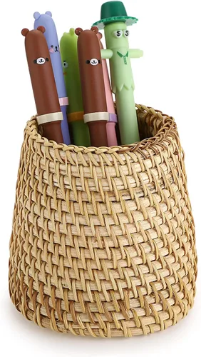 Vista 10 de BTSKY Paquete de 3 vasos de ratán, soportes para lápices de escritorio hechos a mano, soporte para brochas de maquillaje, cesta tejida