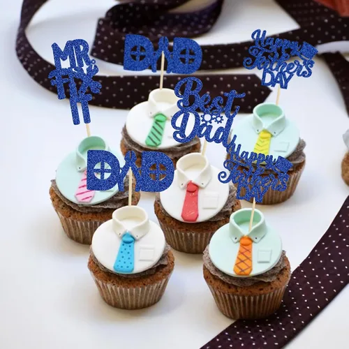 Vista 8 de 24 adornos para cupcakes con temática de sombrero para el Día del Padre, con purpurina azul, mejores selecciones de cupcakes para papá, decoraciones
