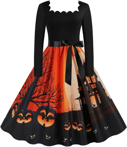 Vista 2 de Vestido de Halloween para mujer estampado de moda manga larga cuello cuadrado casual dobladillo 2022