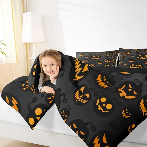 Vista 7 de Feelyou Juego de edredón de calabaza para todas las estaciones, decoración de Halloween, juego de ropa de cama con 1 funda de almohada, microfibra