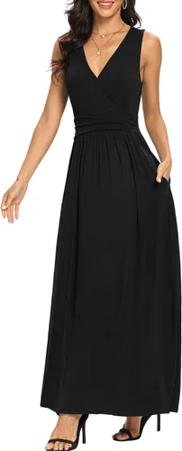 Vista 2 de Lilbetter - Vestido largo, sencillo, sin mangas, escote en V profundo, color liso, holgado, informal, para mujer