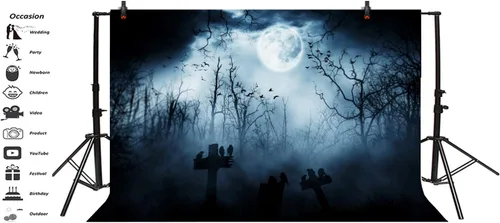 Vista 3 de Leyiyi Telón de fondo gótico de Halloween de 5 x 3 pies, grunge, cementerio, tumba, piedra cruz, cuervos, bosque brumoso, luna llena, murciélagos