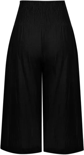 Vista 4 de SMIDOW Pantalones de algodón y lino de pierna ancha para mujer, estilo casual, de verano, con cordón elástico, cintura elástica, pantalones capri