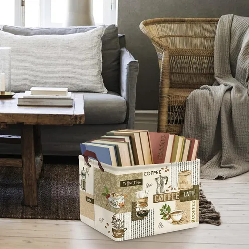 Vista 2 de Clastyle Cesta de almacenamiento grande con temática de café, taza de granos de café, aperitivos, cocina, cesta rectangular marrón para ropa, libro