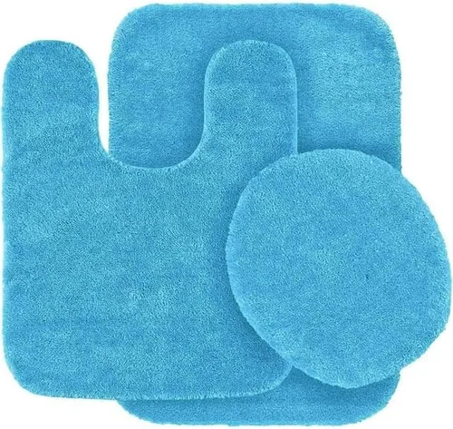 Vista 2 de Juego de 3 alfombras de baño de felpilla antideslizantes, tamaño mediano, alfombra para contraparte y tapa de inodoro #6 (azul aguamarina)
