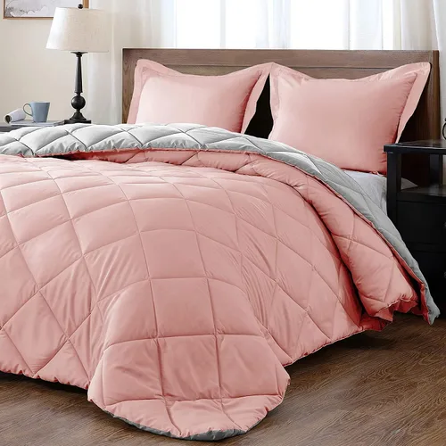Vista 14 de Juego de edredón reversible alternativo de 5 piezas (rojo/rosa, Queen (88 x 88 pulgadas), 1 edredón con 4 fundas de almohada, algodón suave, 1000