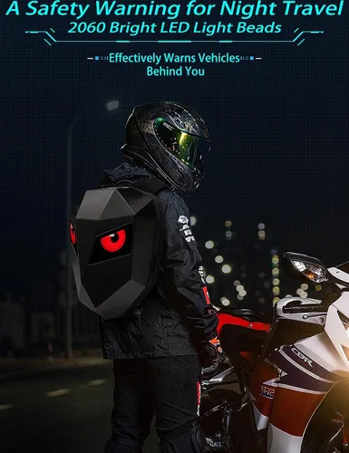 Vista 6 de Mochila de motocicleta LED personalizable, mochila LED rígida impermeable para hombres, mochilas con casco de caballero genial con ojos de diablo (B)