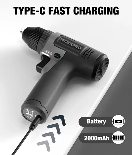 Vista 8 de WORKPRO Juego de taladro inalámbrico de 8 V, taladro eléctrico de 2 Ah con portabrocas sin llave de 3/8 pulgadas, 15 puntas, carga tipo C, LED