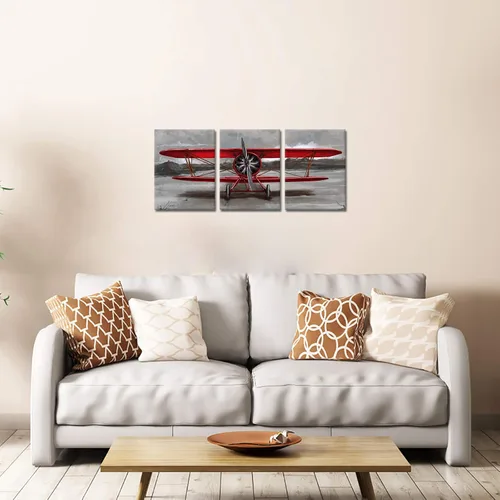 Vista 7 de 3 piezas vintage avión lienzo pared arte rojo Jet pinturas aviones rojo cuadros rojo y gris aviación carteles impresión para sala de estar