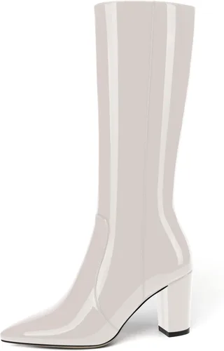 Vista 191 de AMBELIGHT Botas altas hasta la rodilla con cremallera y puntera puntiaguda para mujer, de patente sólida, tacón alto, 3.3 pulgadas