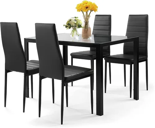 Vista 13 de Juego de mesa de comedor de 5 piezas, moderno juego de mesa de comedor negro para 4, mesa de comedor de cocina de vidrio templado con 4 sillas