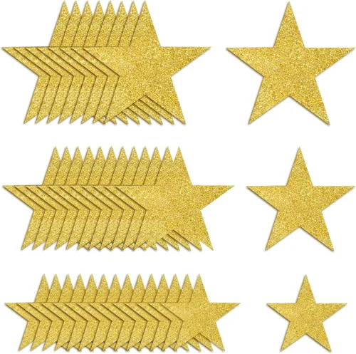Vista 9 de 120 recortes dorados con purpurina de cinco estrellas, recortes de estrellas de papel para tablón de anuncios, estrellas, aula, pared, fiesta