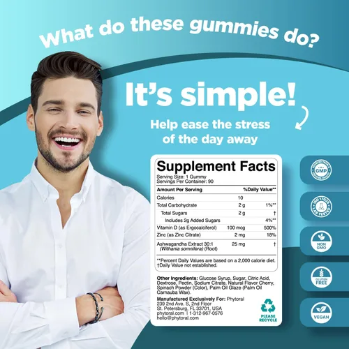 Vista 3 de Phytoral Gomitas calmantes Ashwagandha para hombres y mujeres, extracto de raíz con zinc y vitamina D, sabrosas gomitas de estrés adaptógeno