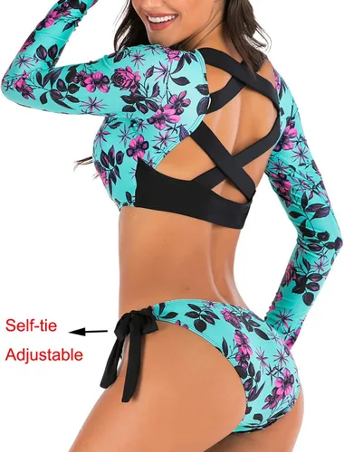 Vista 3 de JadeRich Conjunto de tankini de manga larga con patrón de moda para mujer, UPF 50+, traje de baño con protección solar