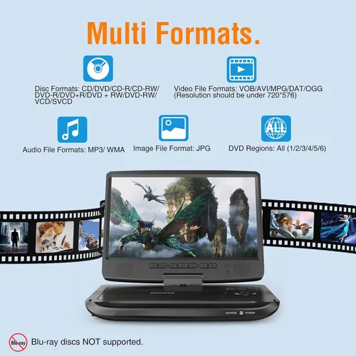 Vista 5 de MEGATEK Reproductor de DVD portátil de 12.5 pulgadas con pantalla de 10.5 pulgadas y auriculares, reproductor de DVD de coche para niños con soporte