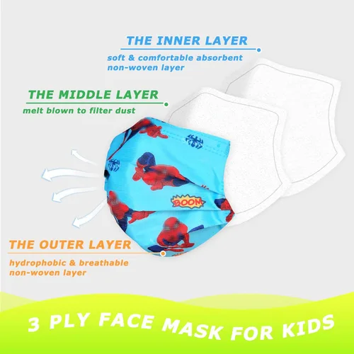 Vista 4 de 50 mascarillas faciales para niños, transpirables, con temática de dibujos animados, 3 capas para las orejas, suministros para niños y niñas