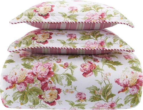 Vista 2 de Waverly Forever Peony - Juego de edredón de 4 piezas, 100% algodón, estampado floral de bayas, tamaño matrimonial/queen, con 2 fundas de almohada