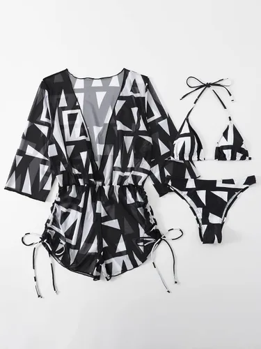 Vista 5 de SheIn Traje de baño de 3 piezas para mujer, conjunto de bikini halter con cubierta de traje de baño de tres piezas