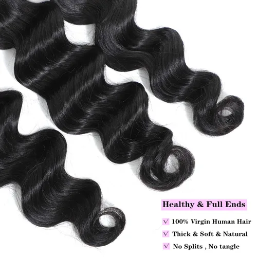 Vista 5 de Mechones de cabello suelto con ondas profundas peruanas con cierre, (16"18"20"+14Cierre) Extensiones de cabello peruano virgen 8A con mechones