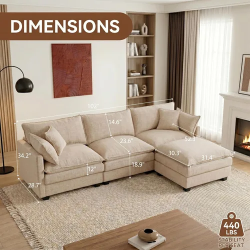 Vista 2 de Sofá modular modular de chenilla Cloud de 102 pulgadas con otomana Café