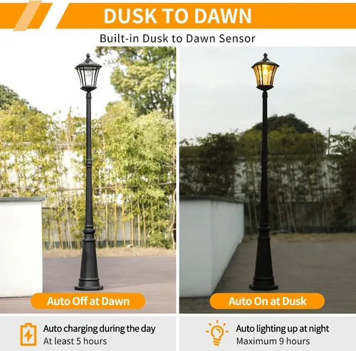 Vista 2 de LUTEC Lámpara de poste solar para exteriores, luz del anochecer al amanecer, poste impermeable con vidrio estampado, accesorios de luz solar