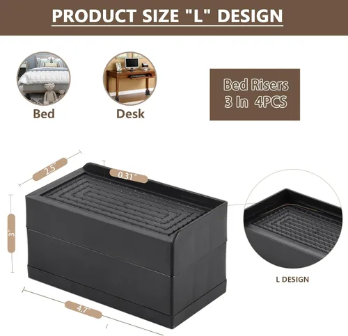Vista 3 de Elevadores de muebles ajustables resistentes, elevadores de cama a 1.5, 3 y 4 pulgadas, paquete de 8, elevadores de escritorio para sofá, cama