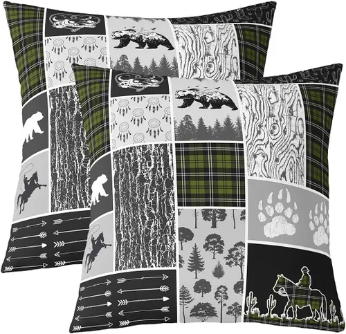 Vista 18 de Erosebridal Juego de 2 fundas de almohada occidentales de 16 x 16 pulgadas, fundas de almohada cuadradas decorativas de cuadrícula marrón retro