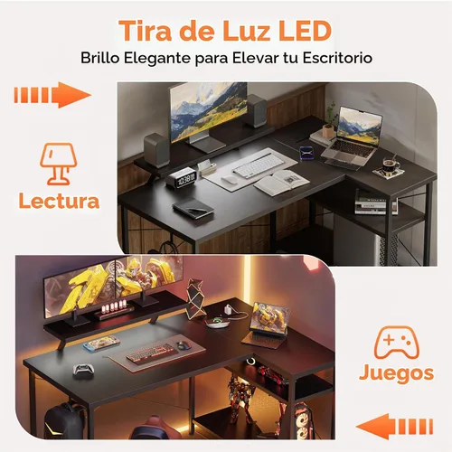 Vista 8 de Mericonia Escritorio para Computadora en Forma de L con Tomas de Corriente, Escritorio de Juegos Reversible con Estantes de Almacenamiento y Soporte