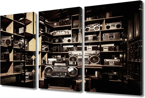 Vista 38 de TUMOVO Arte de pared de estilo retro, grupo de dispositivos electrónicos antiguos de radio, pinturas de imágenes, 3 piezas, lienzo, decoración