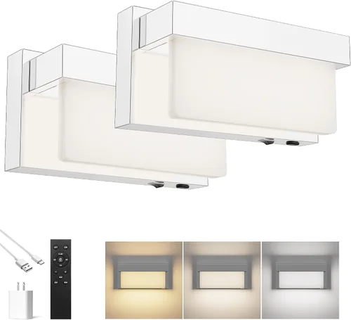 Vista 19 de Aplique de pared de batería cromado con interruptor de encendido/apagado, lámpara de pared LED de 8 pulgadas, pantalla acrílica, lámpara de pared