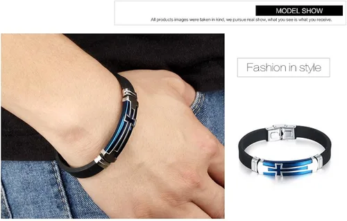 Vista 2 de M.JVisun Pulsera cruzada de silicona deportiva para hombre, regalo de confirmación para niños, pulsera de 7.87 pulgadas, Acero inoxidable Silicona