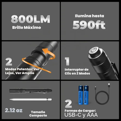 Vista 2 de Favourlite - Lámpara recargable con zoom de 800 lúmenes, color negro, 6.10 pulgadas