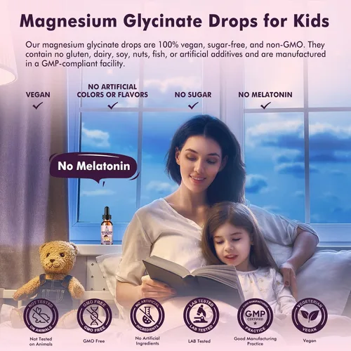 Vista 4 de Gotas Líquidas de Glicinato de Magnesio para Niños – Glicinato de Magnesio con L-teanina para Apoyo al Sueño y la Calma – Sin Melatonina, Sin
