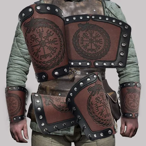 Vista 2 de Medieval Leather Bracers Embossed Viking Knight Cosplay Arm Guard Jormungandr Brazo de cuero Armadura-marrón (2pcs)