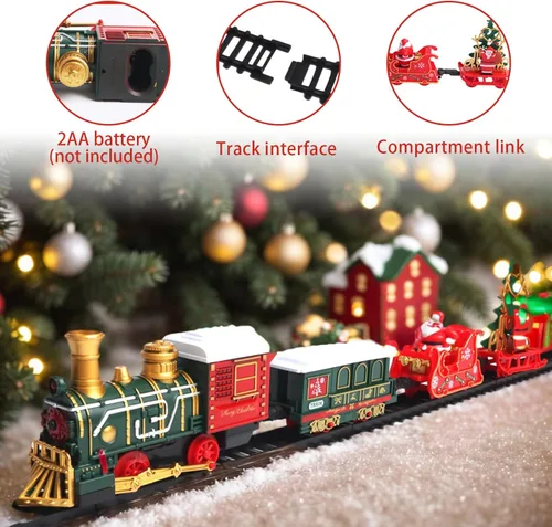 Vista 9 de Juego de tren eléctrico de 14 piezas para niños, luz y sonidos, tren de Navidad simulado con 4 carruajes, juegos clásicos de Navidad con pistas