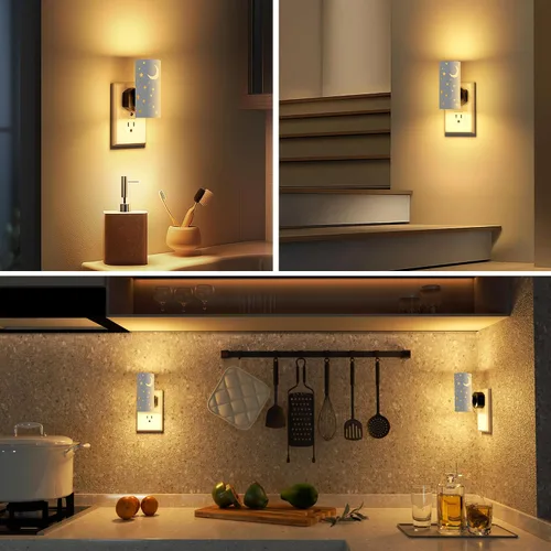Vista 6 de Luces nocturnas LED enchufables a la pared, paquete de 2 luces nocturnas brillantes de 3000 K, sensor de atardecer a amanecer, regulable de 0 a 100