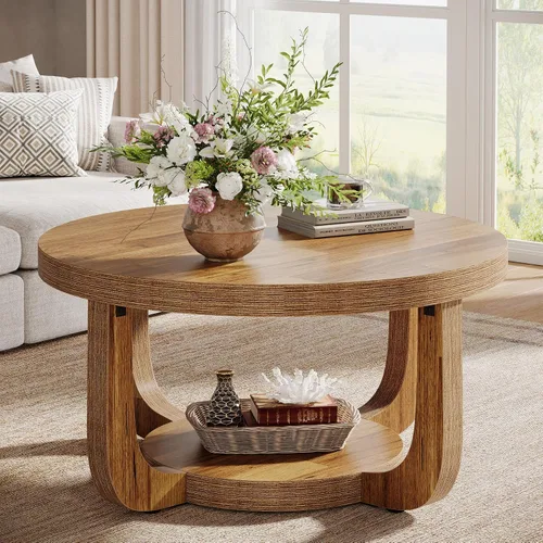 Vista 11 de Tribesigns - Mesa de café redonda, mesa de café circular de 2 niveles con almacenamiento, mesa auxiliar moderna de acento de madera para sala