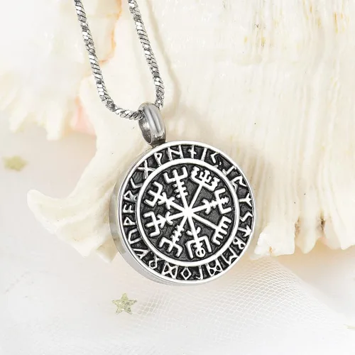 Vista 3 de Yinplsmemory Joyería de cremación, collar de urna de brújula rúnica vikinga para cenizas para hombres, cenizas, recuerdo conmemorativo, joyería
