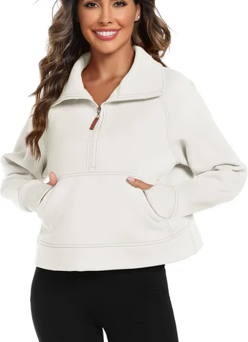 Vista 3 de LaLaLa Women's Cropped Sweatshirt Half Zip Fleece Quarter Zipper Pullover Hoodies Fall Outfits Clothes with Thumb Hole