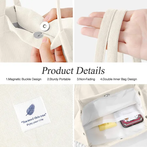 Vista 4 de Bolsas de pana para mujer, bolsa de pana de gran capacidad, reutilizable, con bolsillos interiores