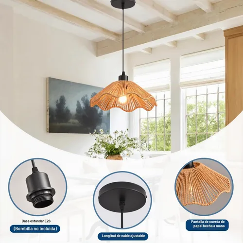 Vista 6 de 3 Pack Brown Woven Pendant Light Fixtures,11.81" Rattan Pendant Lights Farmhouse Basket Light Fixture Adjustable Boho Hanging Lamp for Kitchen