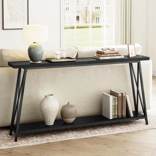 Vista 4 de MAHANCRIS Mesa consola, mesa de entrada industrial de 63 pulgadas, mesa de sofá extra larga de 2 niveles detrás del sofá, soporte en forma de X