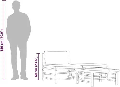 Vista 5 de vidaXL Juego de sala de patio de 3 piezas con elegantes cojines gris oscuro, muebles de exterior de bambú, sofá medio, reposapiés, mesa auxiliar