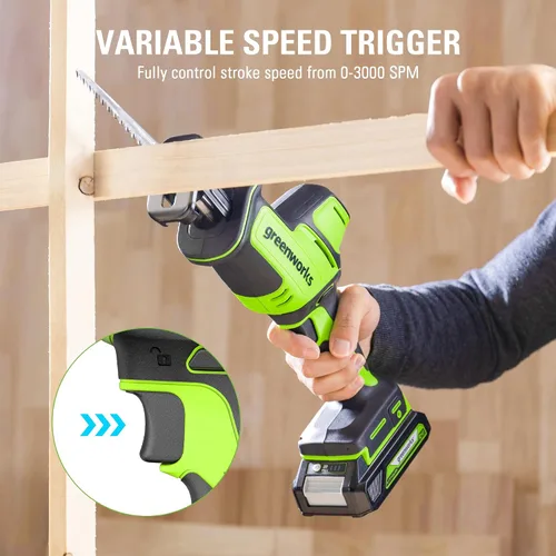 Vista 5 de Greenworks Sierra Recíproca Compacta de Una Mano sin Escobillas de 24V de 1" (3,000 SPM), Sierra Recíproca Inalámbrica de Velocidad Variable