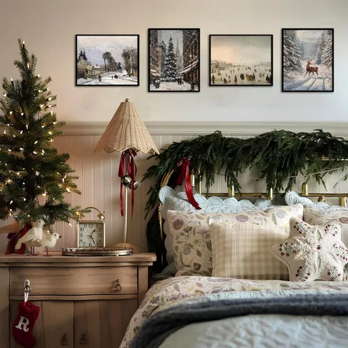 Vista 4 de Hwetui Juego de 6 Pósteres de Arte de Pared de Lienzo Navideño Vintage, Cuadros de Reno y Árbol Invernal Decoración de Pared, Pinturas de Paisajes