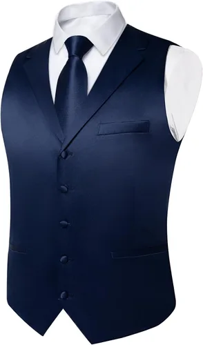 Vista 3 de DiBanGu Chaleco de traje para hombre con lazo de satén con solapa y muesca azul marino puro.