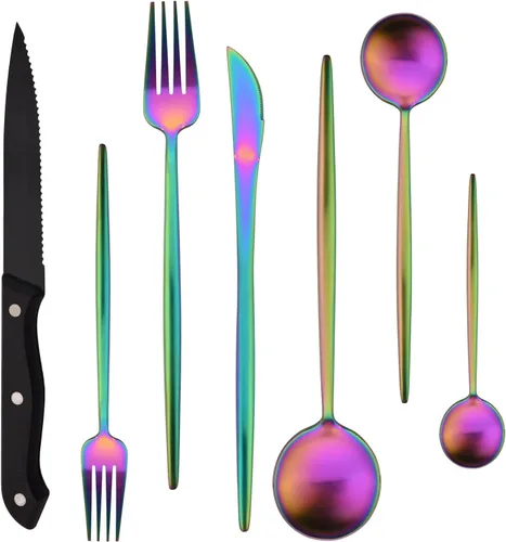 Vista 8 de Juego de cubiertos de 28 piezas con cuchillos para carne, cubiertos de acero inoxidable 18/8, juego de cubiertos modernos para 4 tenedores de Negro