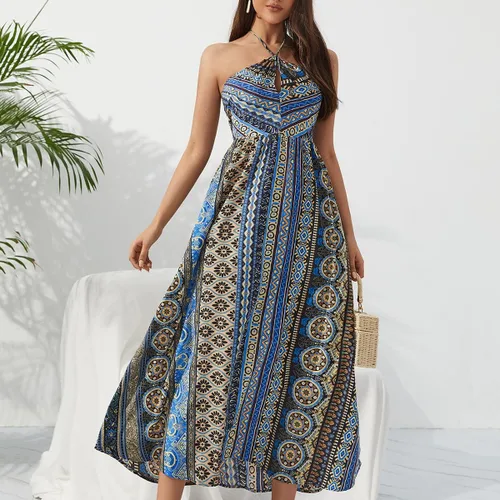 Vista 4 de Women's Summer Dresses Fashion New Bohemian Style Printed Neckless Sleeveless Dress Long Sleeve Bodycon Dress