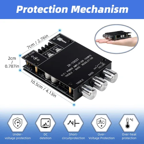 Vista 4 de ZK-1002T Placa de amplificador estéreo Bluetooth 5.0, módulo de mini amplificador de audio de 200 W HiFi de 2.0 canales con control de agudos