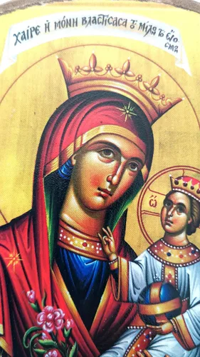 Vista 3 de Icono de madera ortodoxa griega de madera ortodoxa griega hecha a mano de la Virgen María, la rosa unwithering / MP2